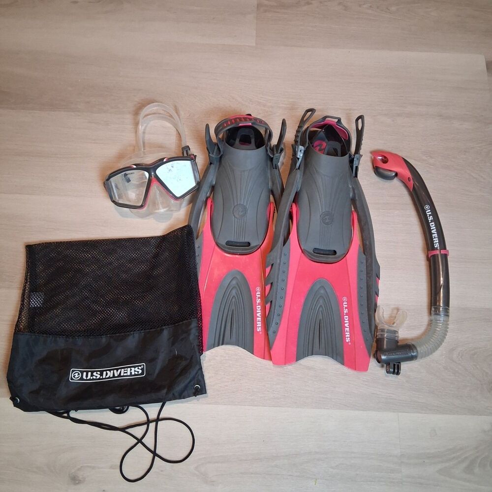 U.S. Divers Snorkeling Set Mask Trek Fins Snorkel Bag Pink S/M Women 5-9.5